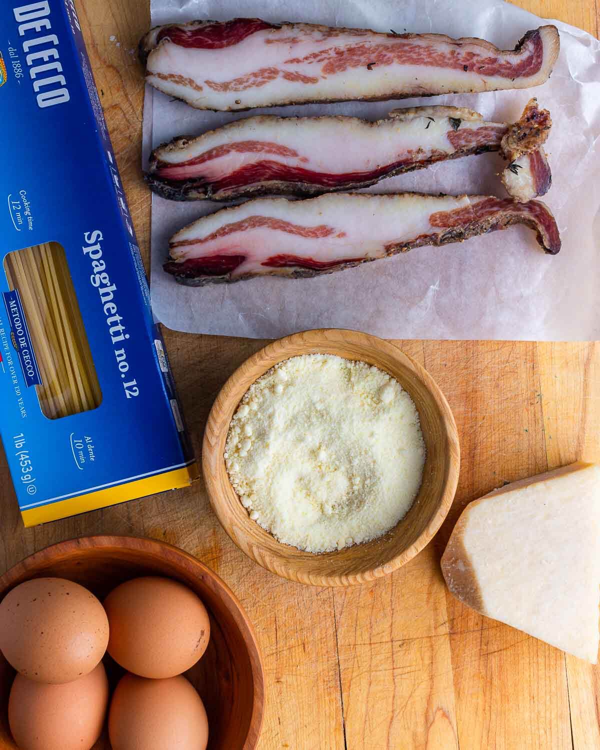 Ingredients shown: guanciale, spaghetti, Pecorino, and eggs.