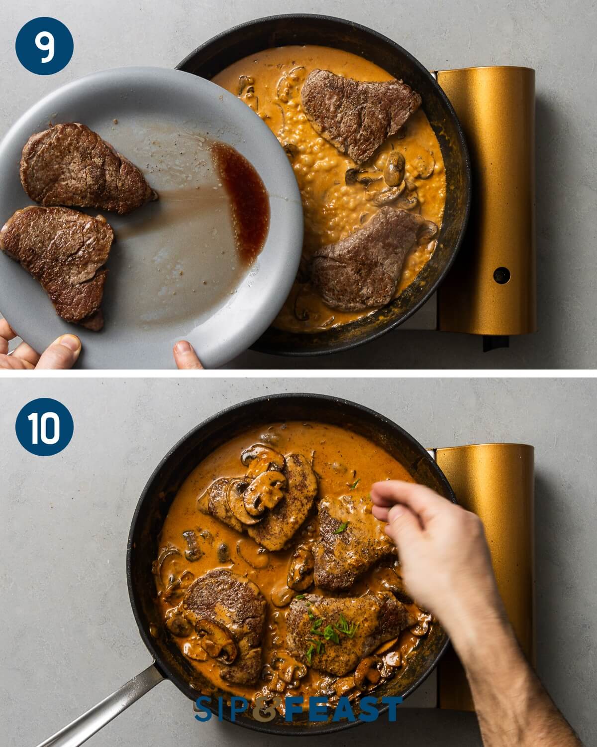 Recipe collage five showing adding the beef to the sauce and finishing with salt, pepper, and parsley.