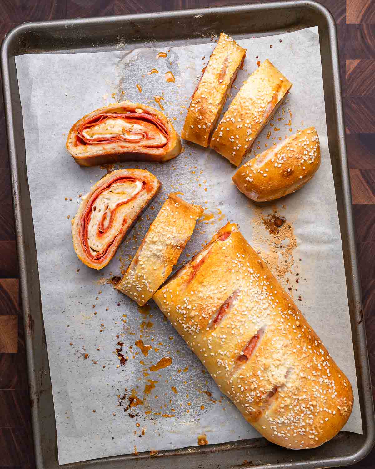 Overhead shot of stromboli cut into pieces.