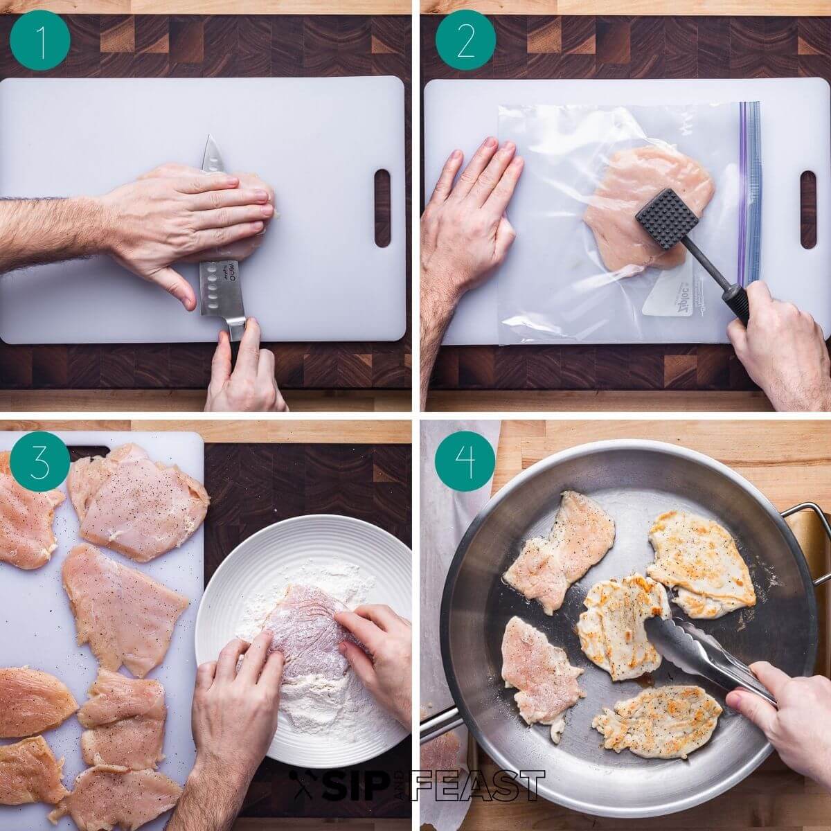 Sun dried tomato chicken recipe process shot collage group number one showing slicing and pounding chicken, dredging in flour, and searing in pan.