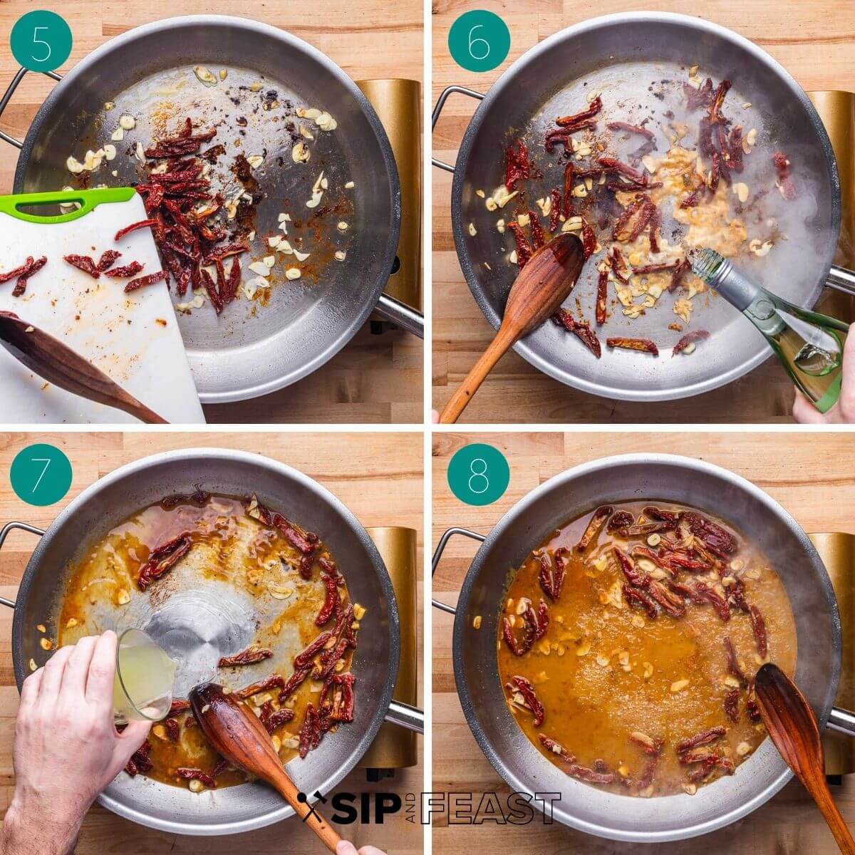 Recipe process shot collage group number two showing sauteing garlic and sundried tomatoes, adding wine and stock, and boiling.