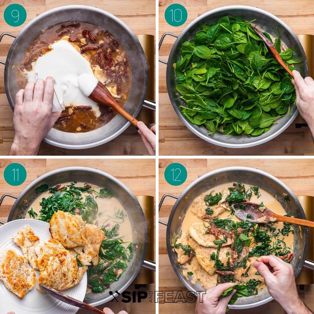 Recipe process shot collage group number three showing adding cream to pan and spinach, adding chicken, and fres basil.