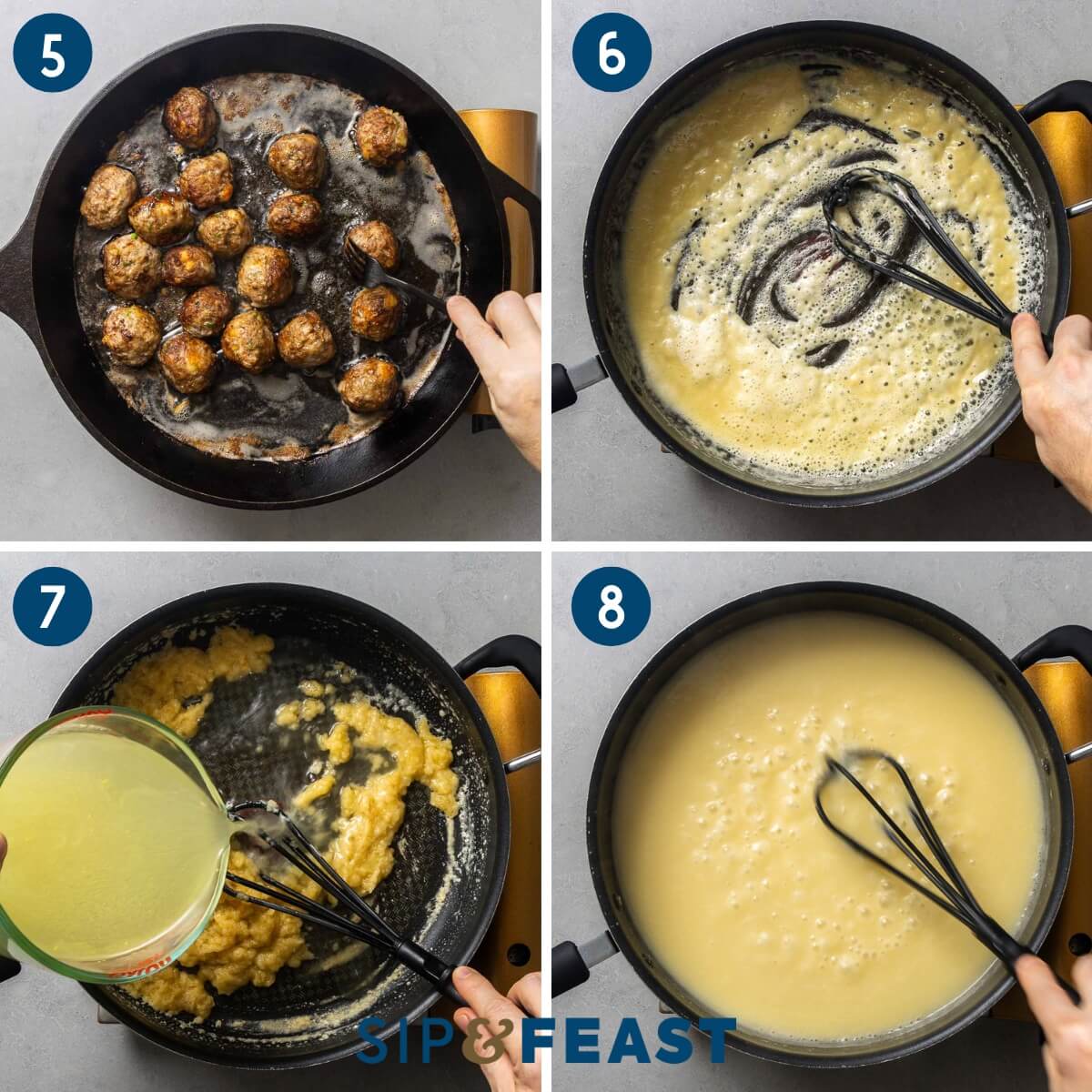 Recipe collage group two showing frying of meatballs, making roux, pouring chicken stock into pan, and whisking sauce.